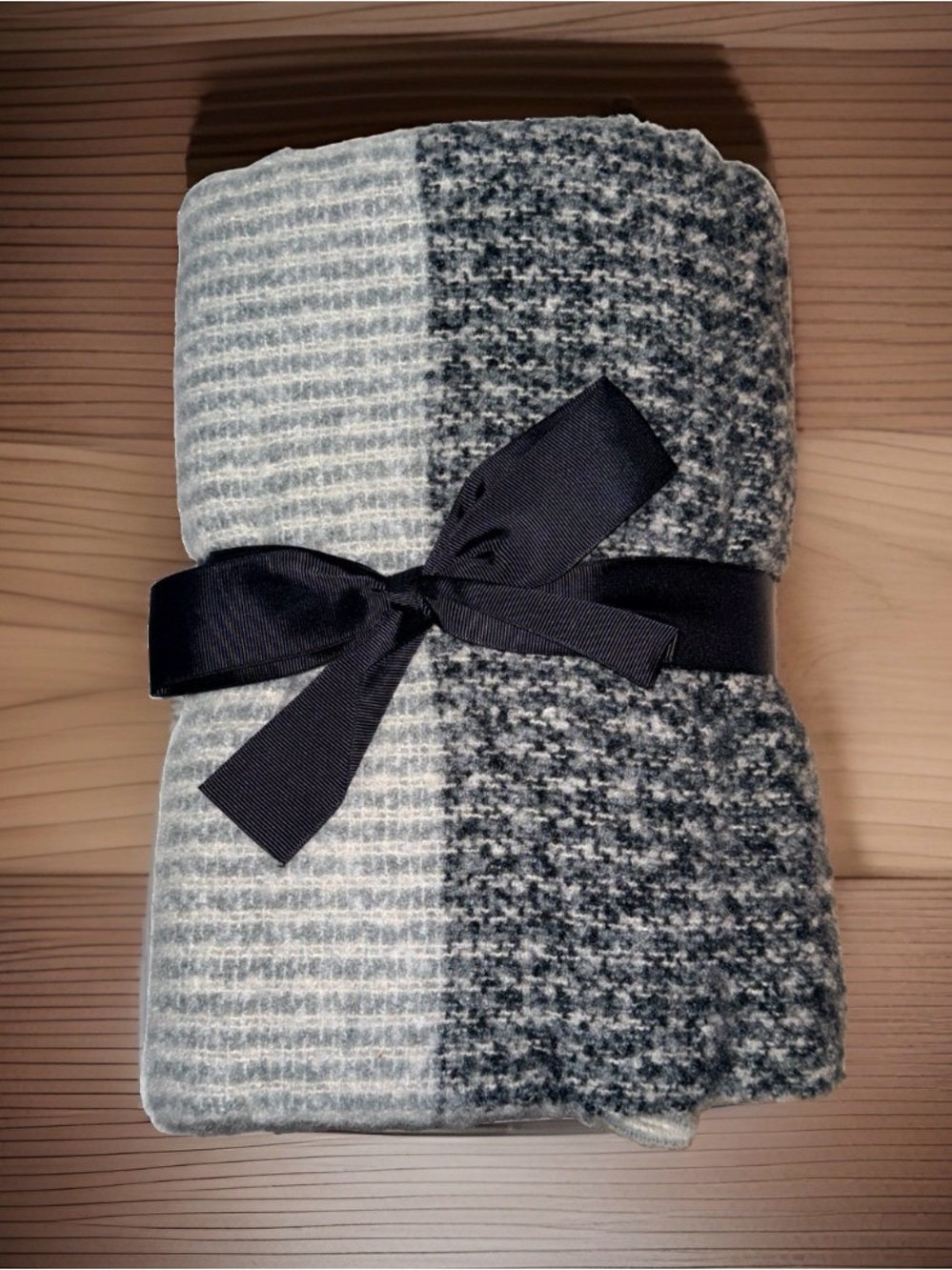 Christopher & Banks Gray Patterned Knit Cozy Throw with Black Ribbon